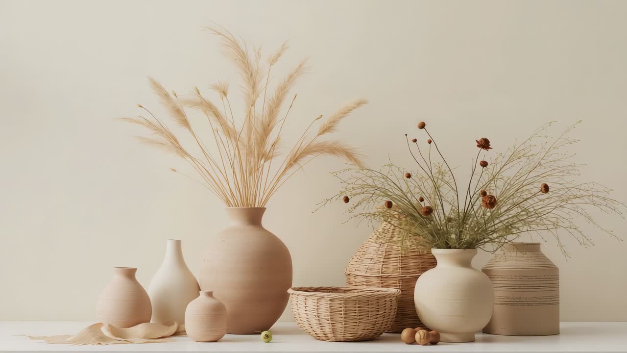 Câmera com zoom revelando uma natureza morta sobre uma mesa junto a uma parede cor creme, mostrando detalhes em cerâmica e capim seco