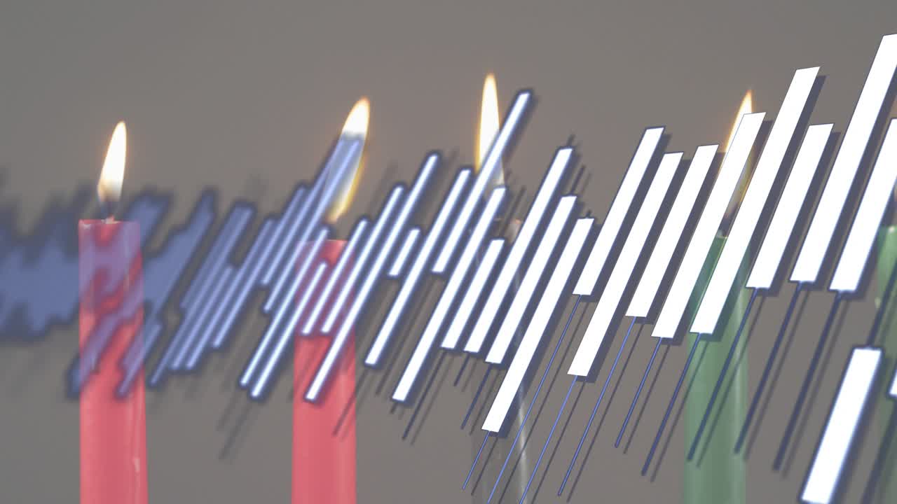 Audio waveform rising and sliding right visualizing sound while revealing four flickering candles