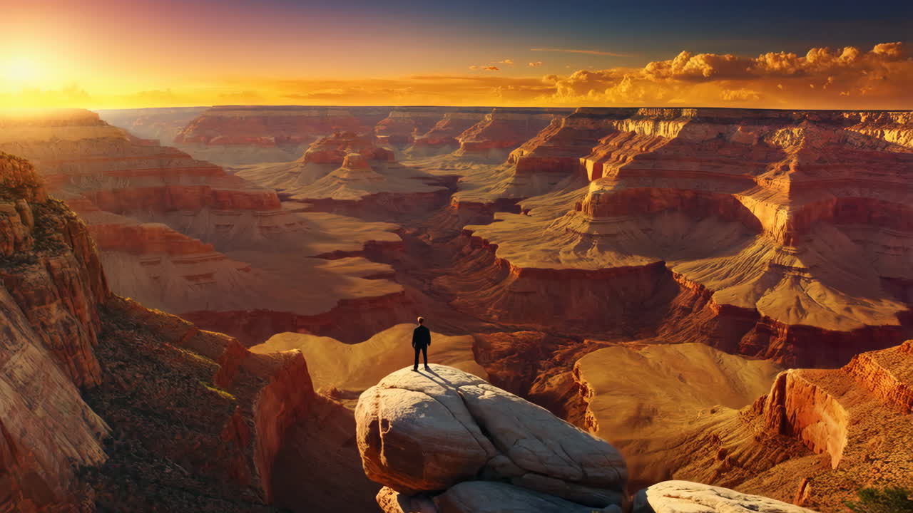 Man standing on a cliff overlooking the Grand Canyon at sunset