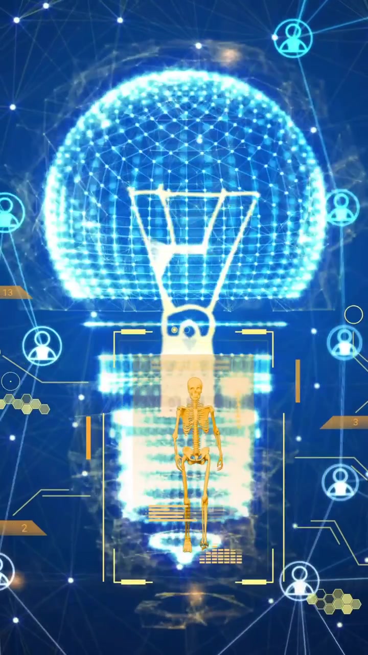 Animation of scanners processing data, light bulb and network of people icons on dark background