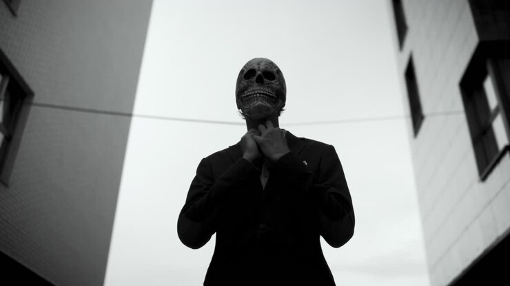 Uomo con maschera a teschio in abbigliamento da lavoro