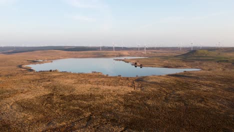 Small-lake-in-moorland-with-wind-farm-in-background,-Scotland