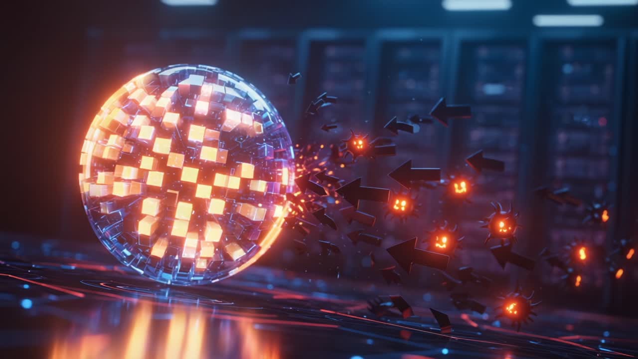 A Dynamic Transformation of a High-Tech Orb: Witness the Transition from a Glowing Blue Sphere to a Brilliant Orange Entity Amidst a Futuristic Digital Landscape