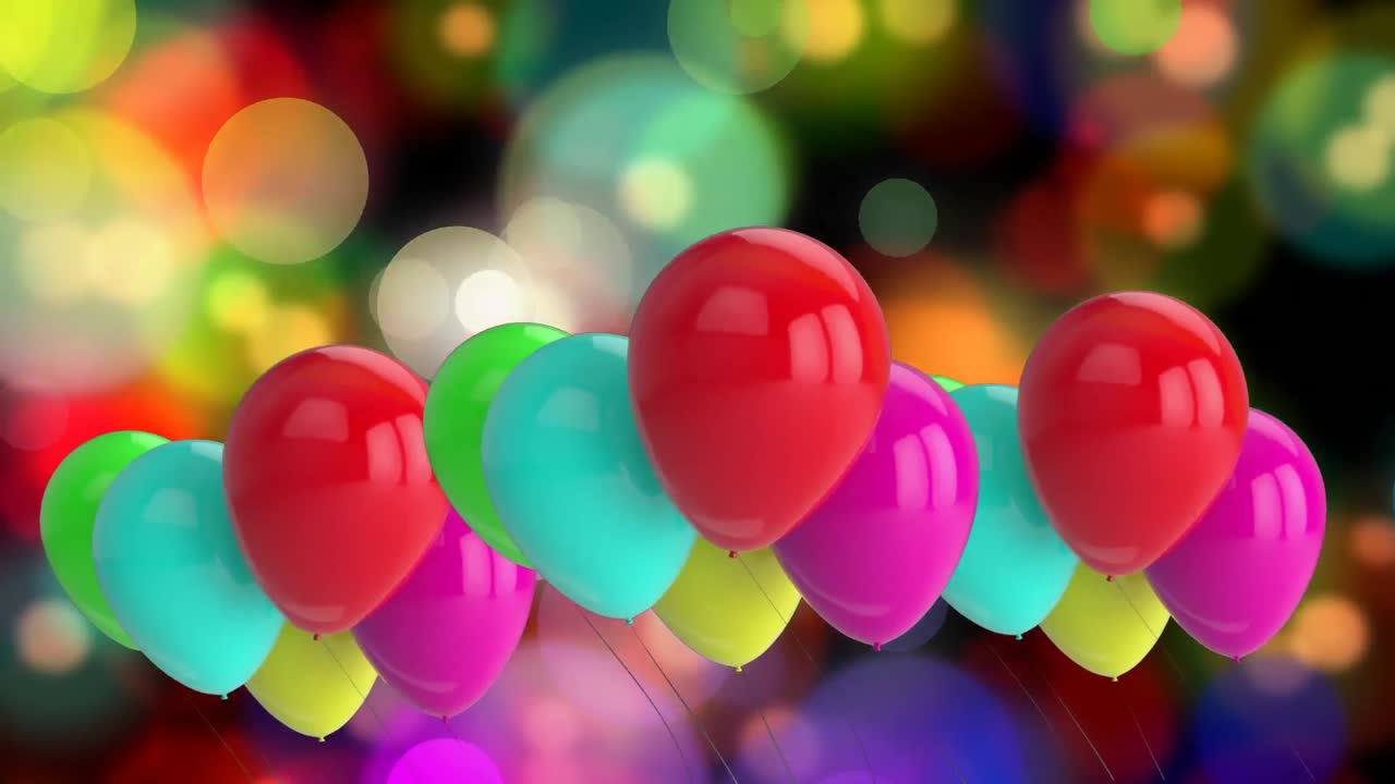 animación de coloridos globos de fiesta sobre luces navideñas parpadeantes desenfocadas.