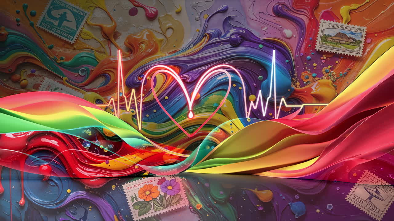 Vibrant Abstract Heartbeat Art with Swirling Colors and Stamps