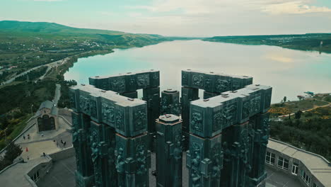 aerial view of the chronicle of georgia monument overlooking the tbilisi sea