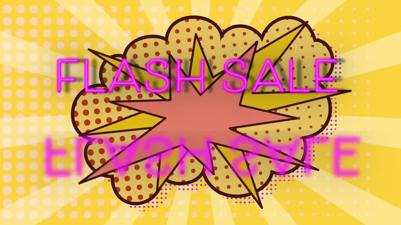 texto de venta flash con efecto de reflexión sobre la burbuja de voz retro contra un fondo radial amarillo