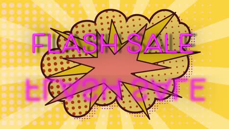 flash sale text with reflection effect over retro speech bubble against yellow radial background