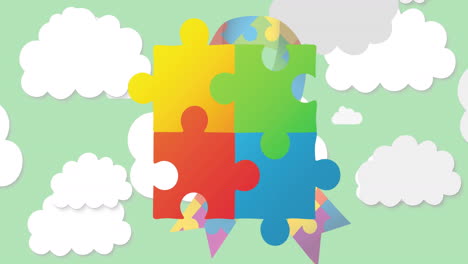 animation of colourful puzzle pieces forming ribbon over green sky