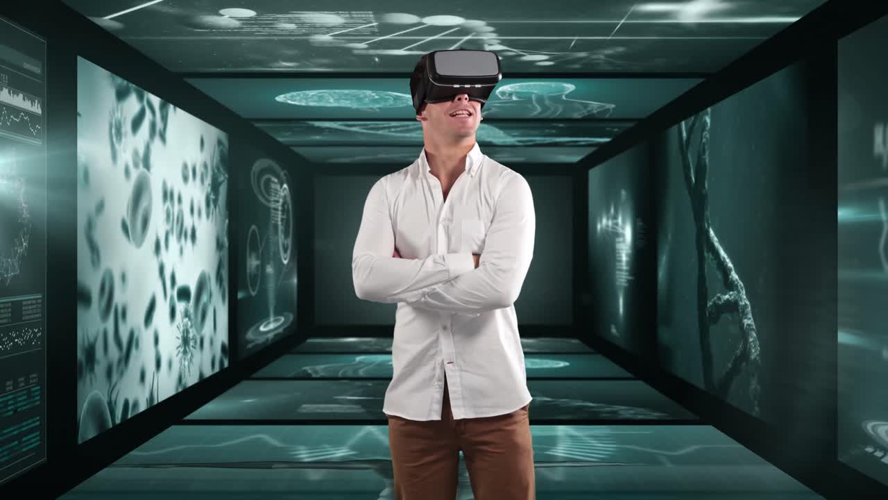 animación de un hombre de negocios que usa auriculares vr sobre pantallas con procesamiento de datos médicos