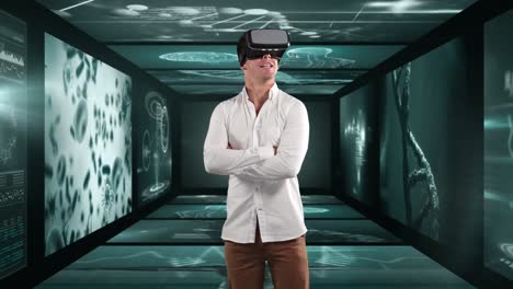 animation of businessman wearing vr headset over screens with medical data processing