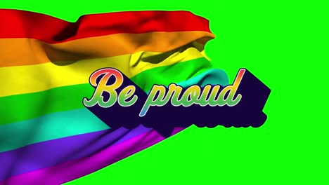 Animation-of-be-proud-over-rainbow-flag-on-green-background