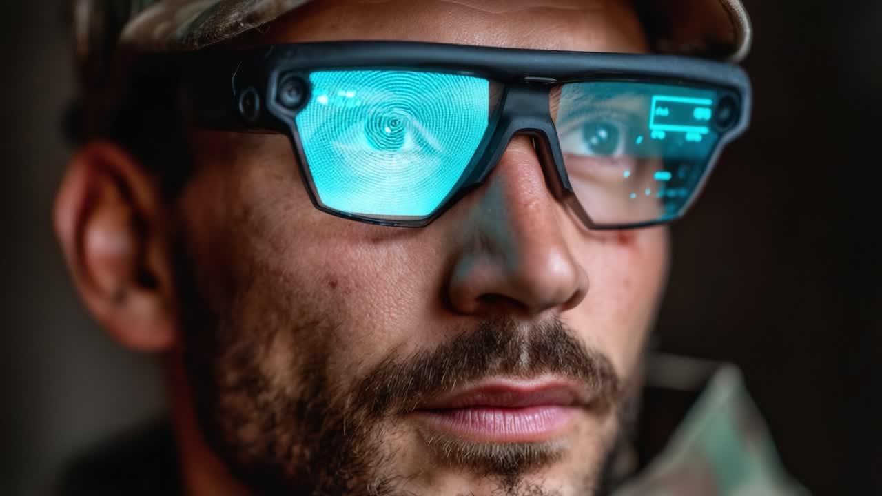 Futuristic Smart Glasses Displaying Augmented Reality Interface, Enhancing Vision and Information Access for a User in Tactical Military Setting