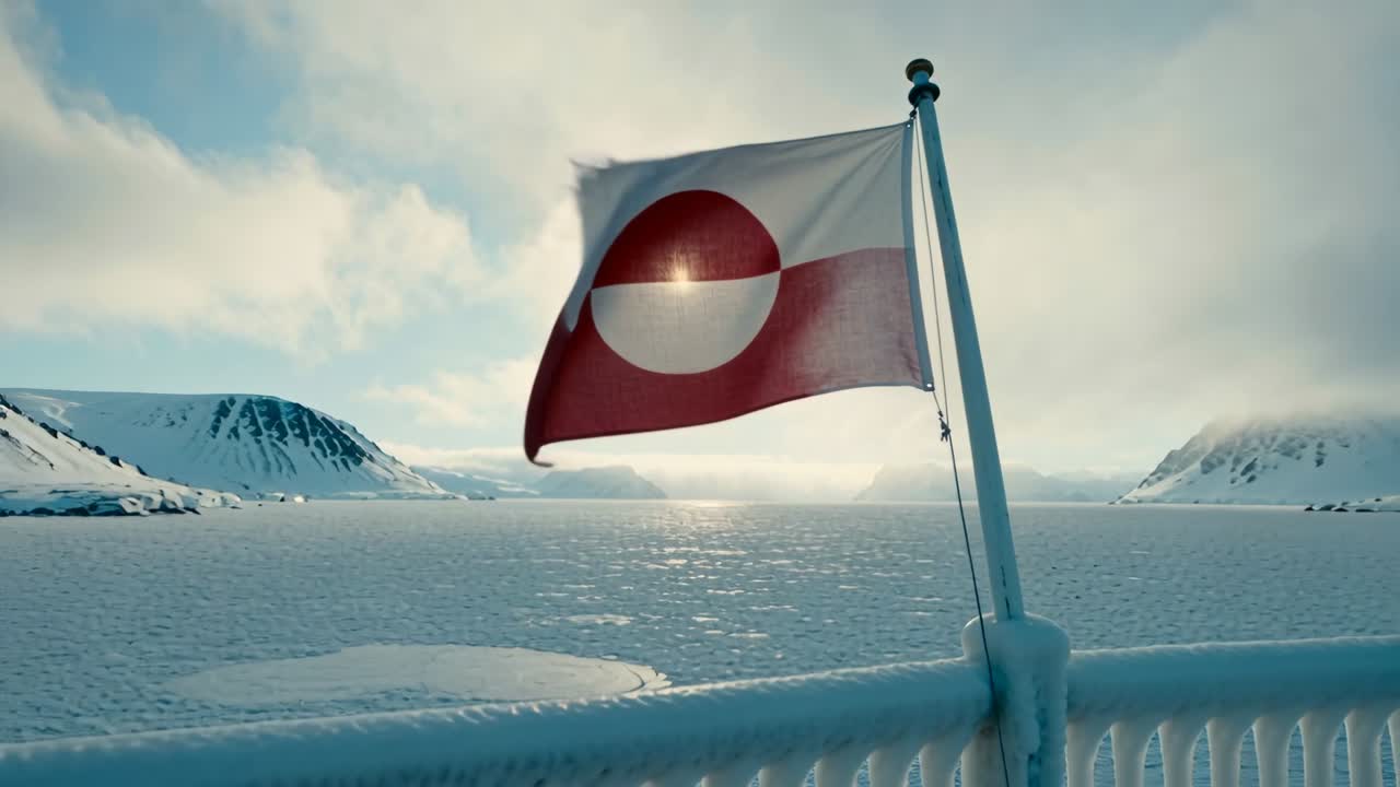 Flapping red-and-white flag unfolding as wind shifts, revealing circular motif on mast by icy fjord