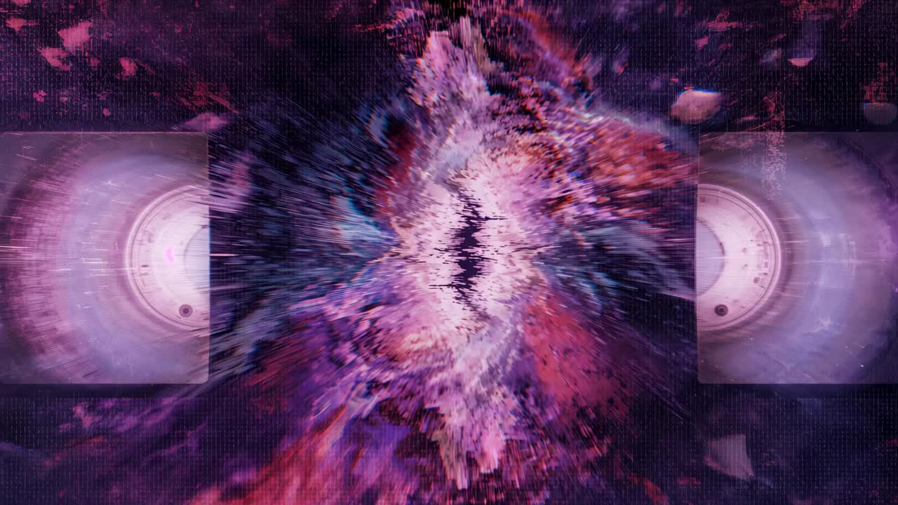 Opening seam causing vortex sweeping black specks and streaks in cosmic tunnel, side HUD for motion