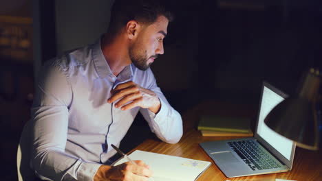 stressed business man working late on a laptop