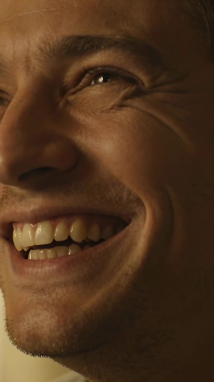 Vertical video: Smiling man widening into laugh in studio, teeth and stubble lit by warm light