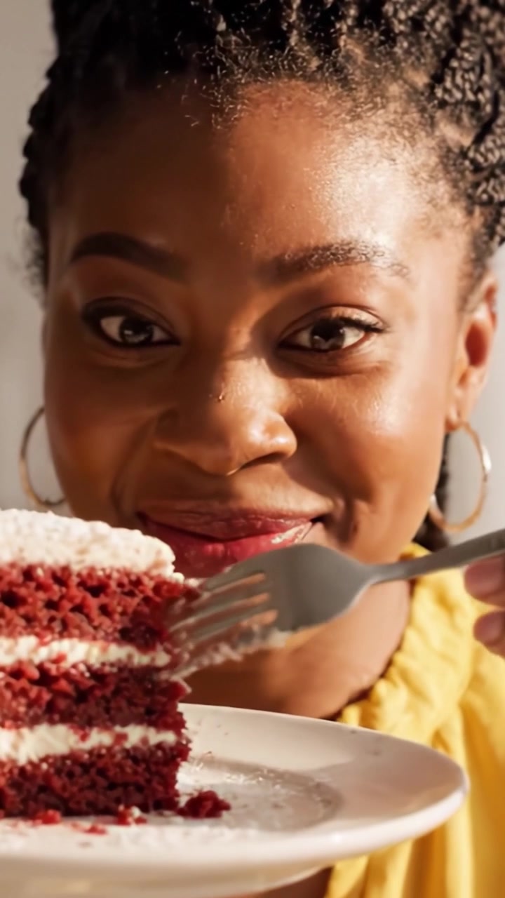A Delightful Moment of Indulgence: Enjoying a Slice of Decadent Red Velvet Cake with Creamy Frosting, Capturing Pure Happiness and Culinary Joy.