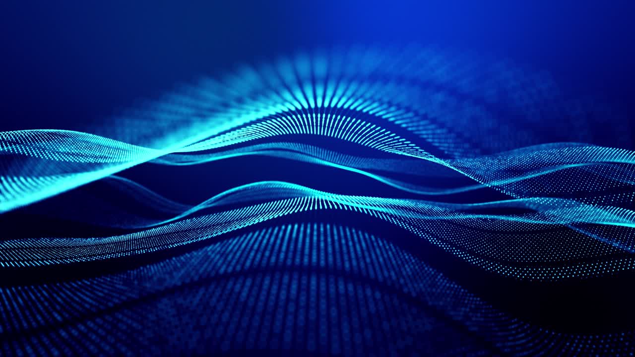 4k looped abstract background of glow particles form lines, surfaces as futuristic landscape in cyberspace or hologram. Sci-fi theme of microworld, nanotechnology or cosmic space. Blue stripes