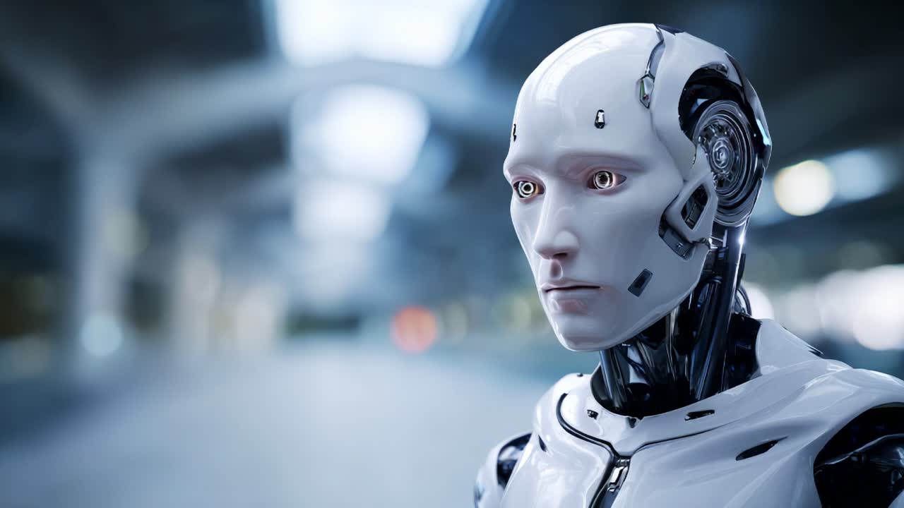 Modern toplumda yapay zeka ve robotik alanlarındaki gelişimi vurgulayan, şık bir dış görünüşten karmaşık bir mekanizmaya geçiş yapan fütüristik bir robot