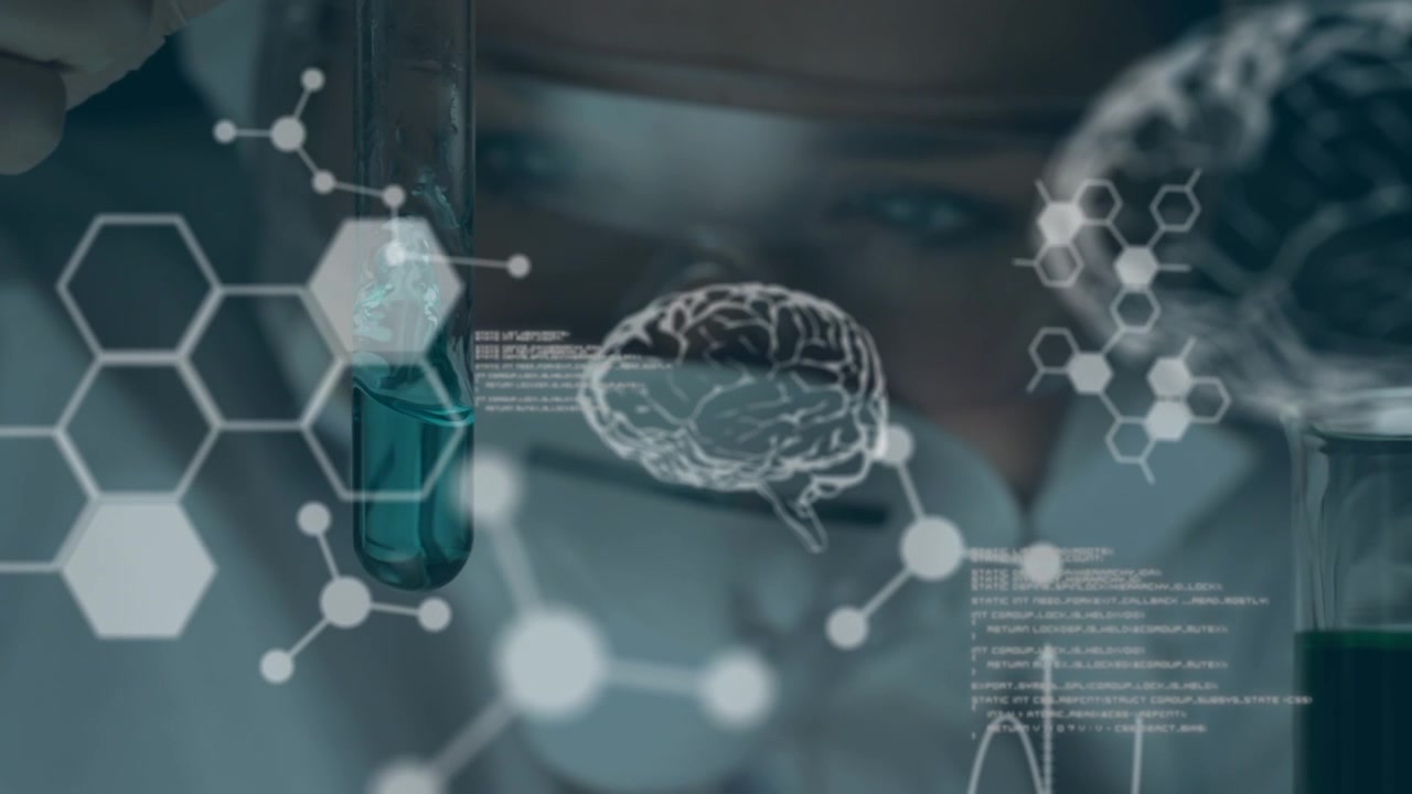 Animation d'un cerveau numérique, de molécules et de traitement de données au-dessus d'un scientifique en laboratoire