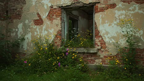 a serene view of wildflowers blooming through an abandoned window in a weathered brick wall, showcasing nature's resilience and beauty amid decay