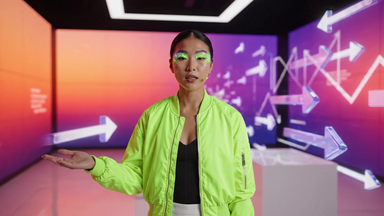 En trendy person i neongrønt antrekk uttrykker selvtillit i en futuristisk setting med fargerike bakgrunner og dynamiske visuelle elementer til stede