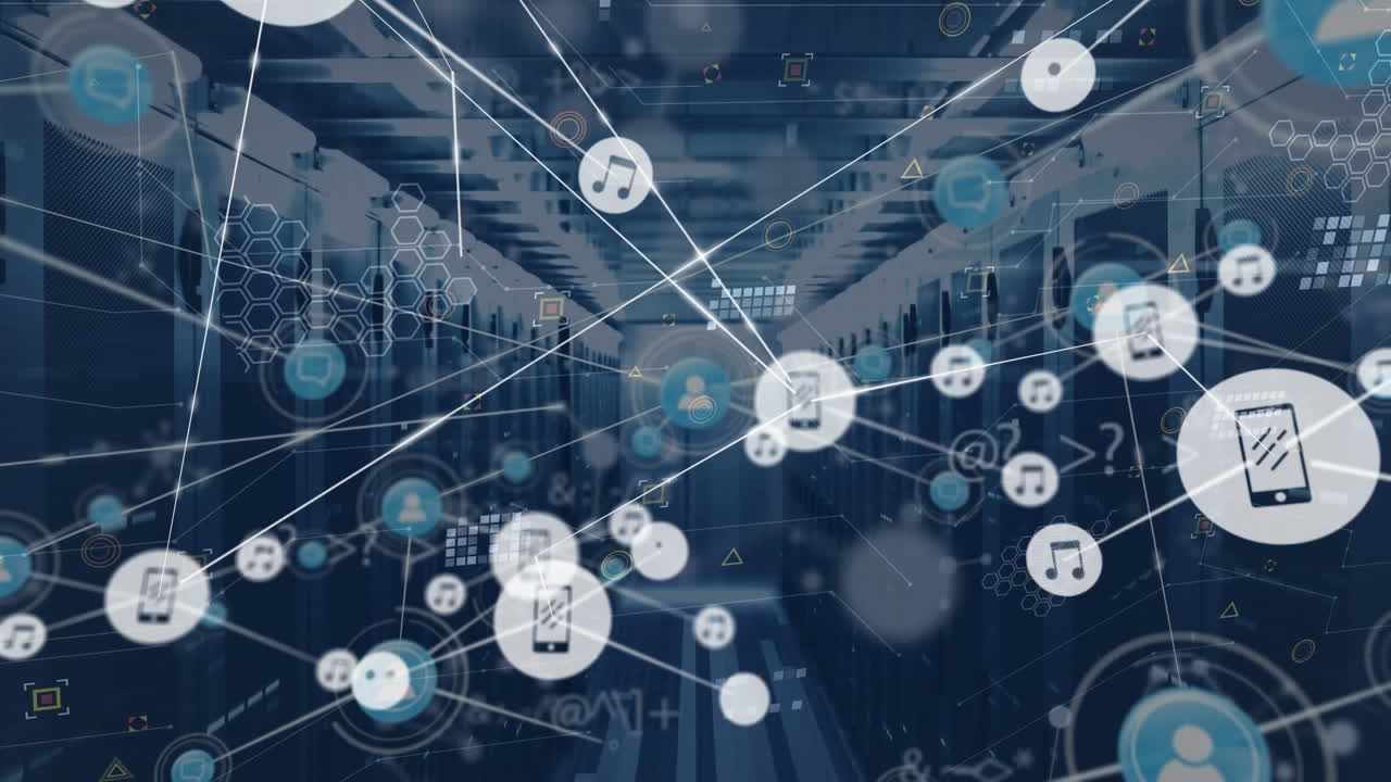 animación de la red de conexiones con iconos y procesamiento de datos sobre la sala de servidores