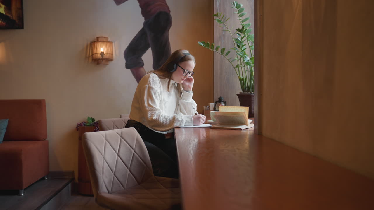 lady wearing headphones writes in notebook while listening to music with open novel in front of her seated by window in cozy setting surrounded by indoor plants and soft ambient lighting