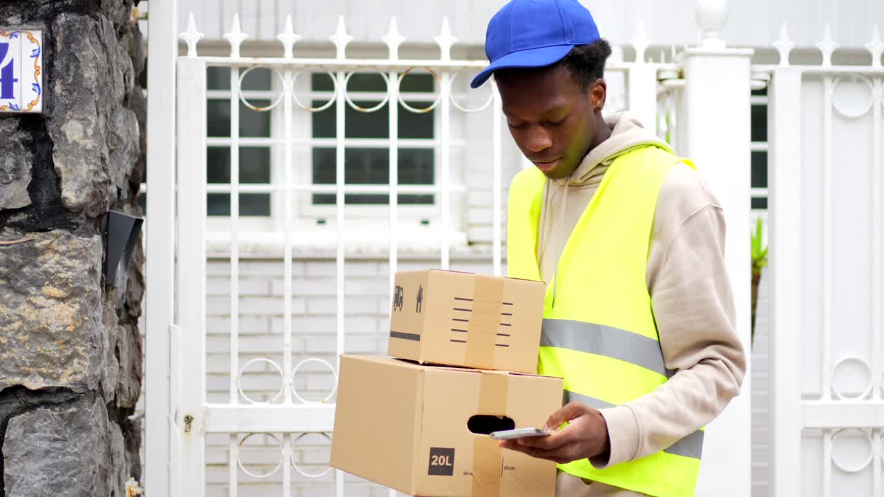 Delivery man with packages outside a house