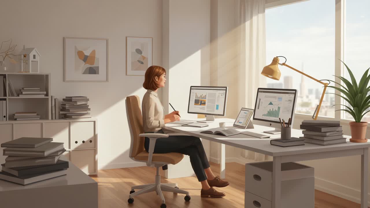 A Bright and Modern Home Office Scene: A Woman Engaging in Work with Multiple Screens and Organized Workspace Surrounded by Natural Light and Minimalist Decor