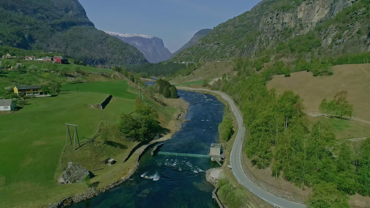 푸른 나무로 가득한 강과 뒤에 있는 언덕의 공중 전망