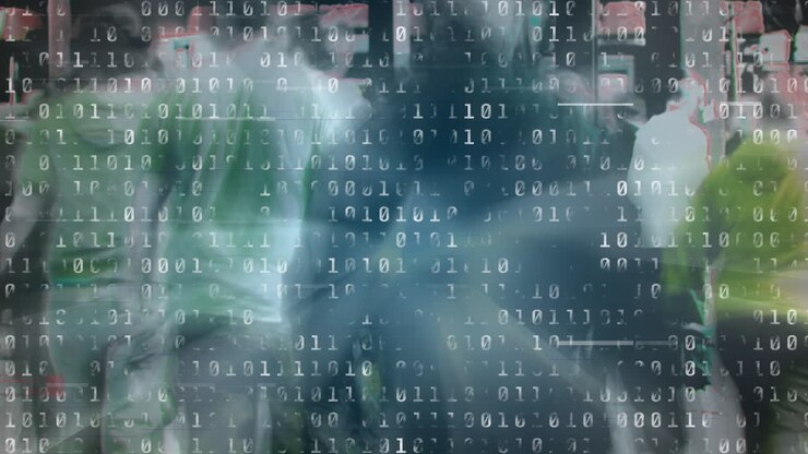 Animation af databehandling over forretningsfolk, der går