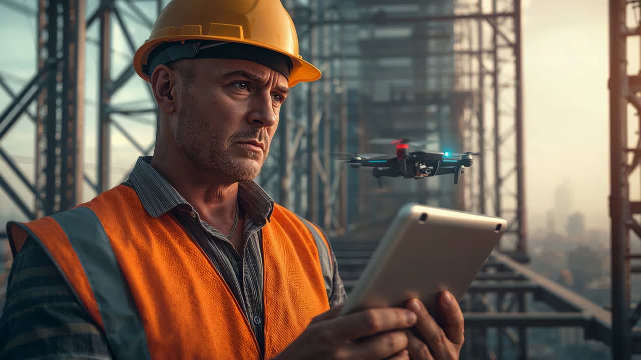 Engineer tapping tablet launching drone surveying steel framework on highrise, copy space
