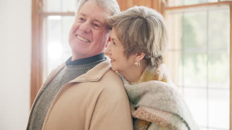 home, hug and elderly couple with love