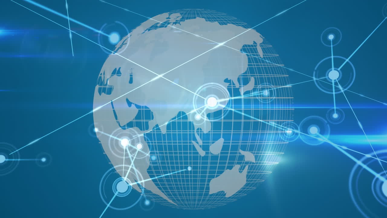 파란색 배경에 회전하는 지구에 대한 연결 네트워크의 디지털 애니메이션