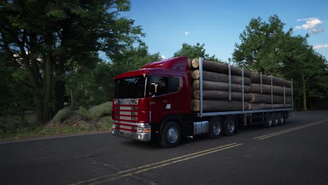 transports heavy logs down an empty asphalt highway crossing the beautiful forest, freight truck hauls heavy logs down the rural freeway