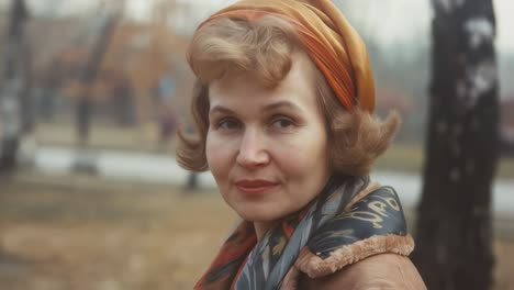 Mature woman in vintage coat and headscarf enjoying peaceful autumn park, gracefully posing and turning, radiating elegance against golden landscape background