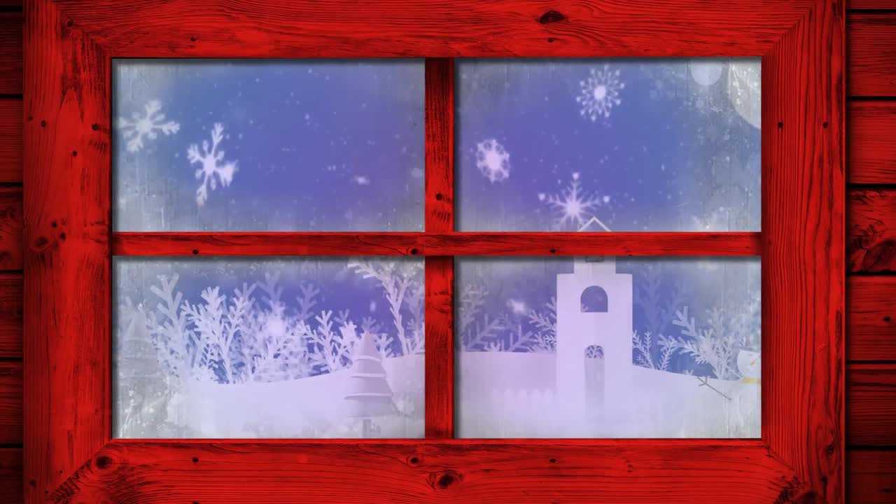 파란색 배경에 떨어지는 눈송이와 함께 창문을 통해 볼 수 있는 겨울 풍경의 애니메이션