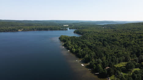 beautiful sunny day illuminates green forest and lakeside docks to deep blue drop off in water
