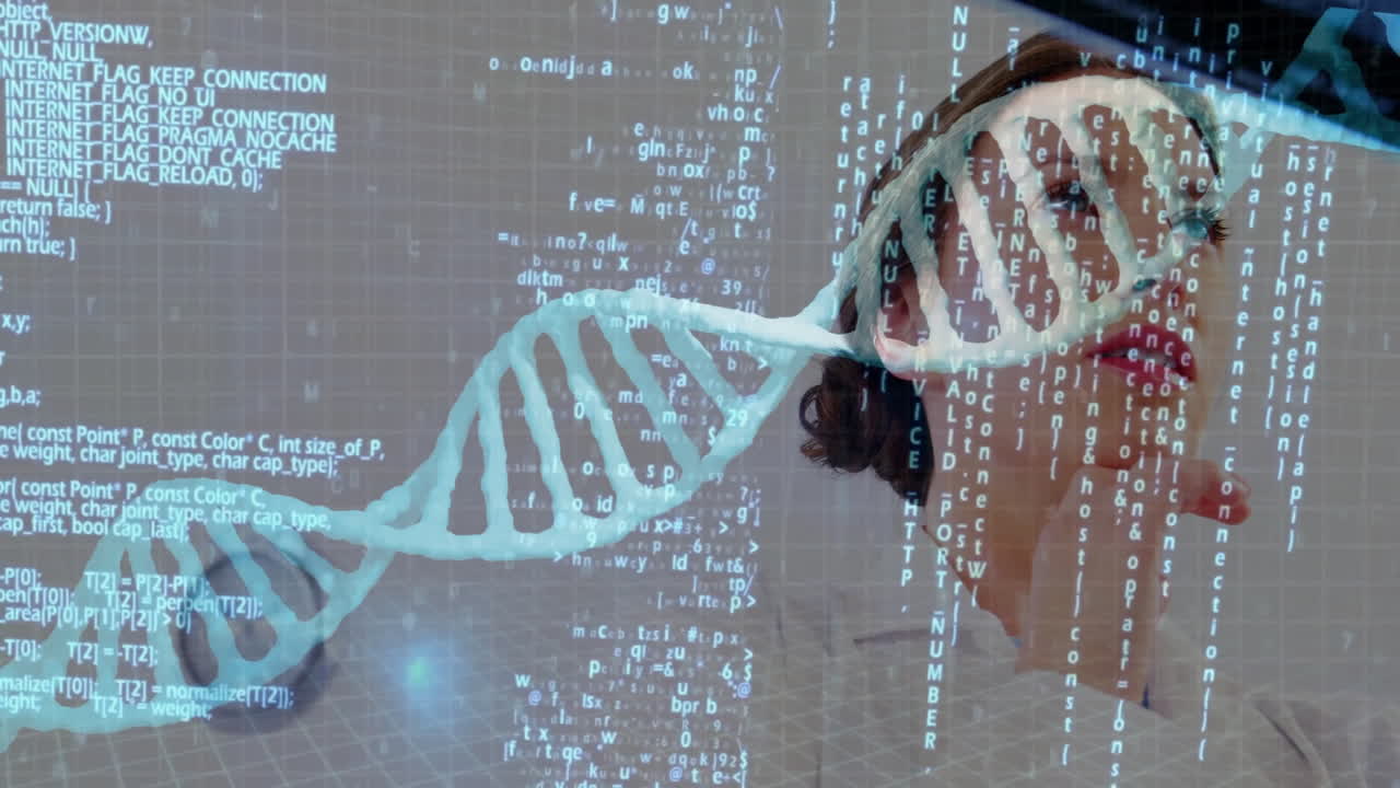 Woman interacting with holographic interface in biotech lab, showing floating code and DNA helix