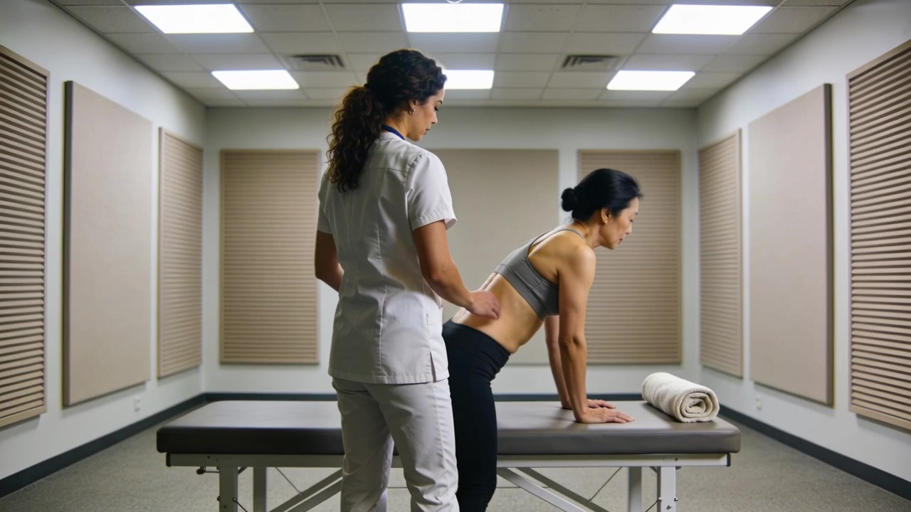 Avaliação Clínica: Terapeuta Examinando Paciente em Movimento de Teste Ativo da Lombar