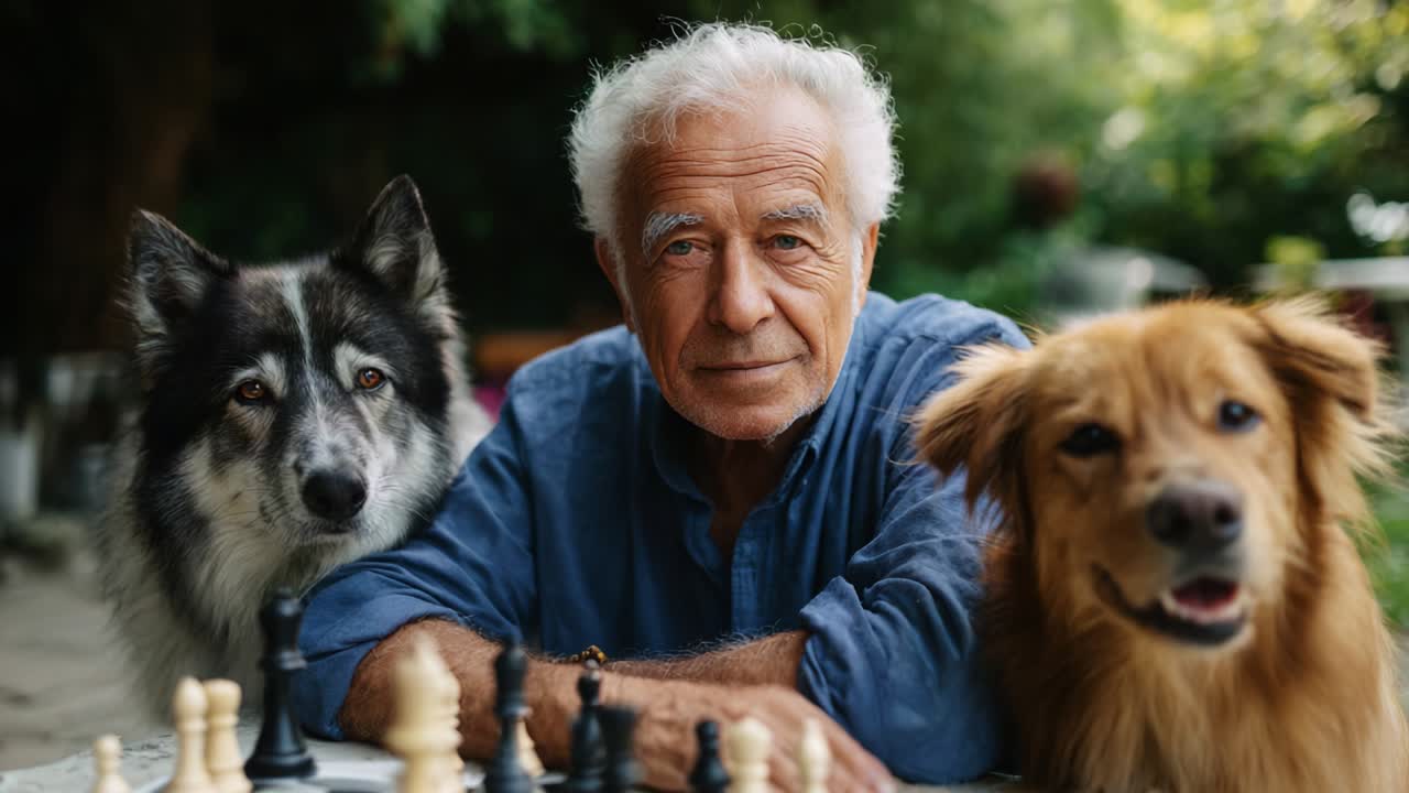 An Elderly Man Sitting at a Chessboard Surrounded by Two Dogs, Engaging in Introspection and Enjoying a Calm Moment Outdoors in a Lush Garden, Reflecting the Bond Between Humans and Pets