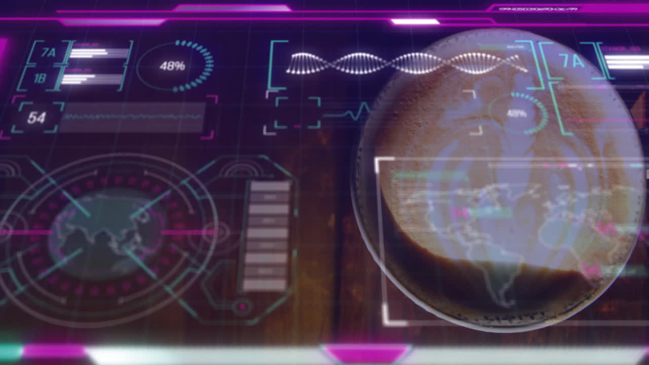 Futuristic HUD displaying spinning 3D planet surrounded by neon progress bars plus DNA helix