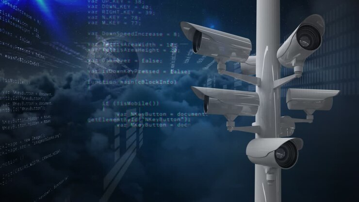 Animation of digital interface showing information with globe and moving clouds and security cameras