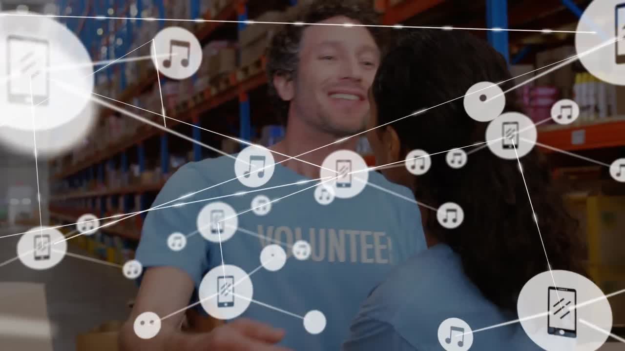 animación de una red de iconos de medios musicales conectados a través de diversos voluntarios en el almacén