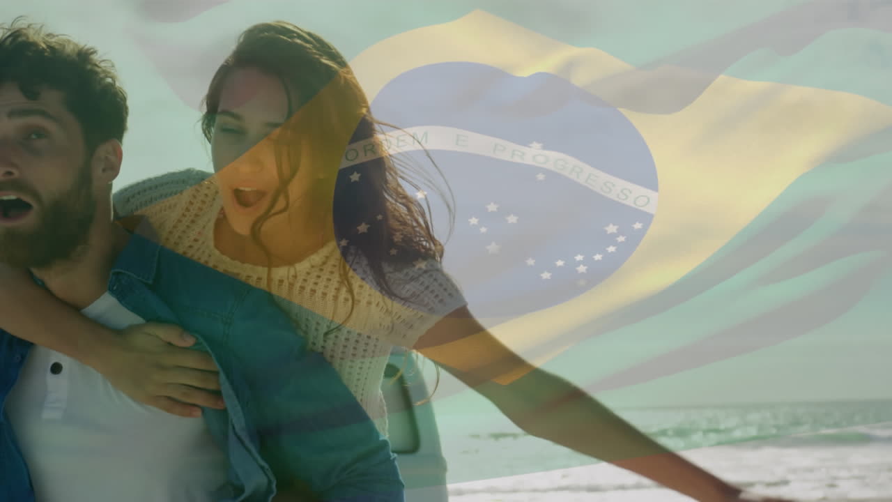 Animação da bandeira tremulante do Brasil sobre um casal se divertindo na praia