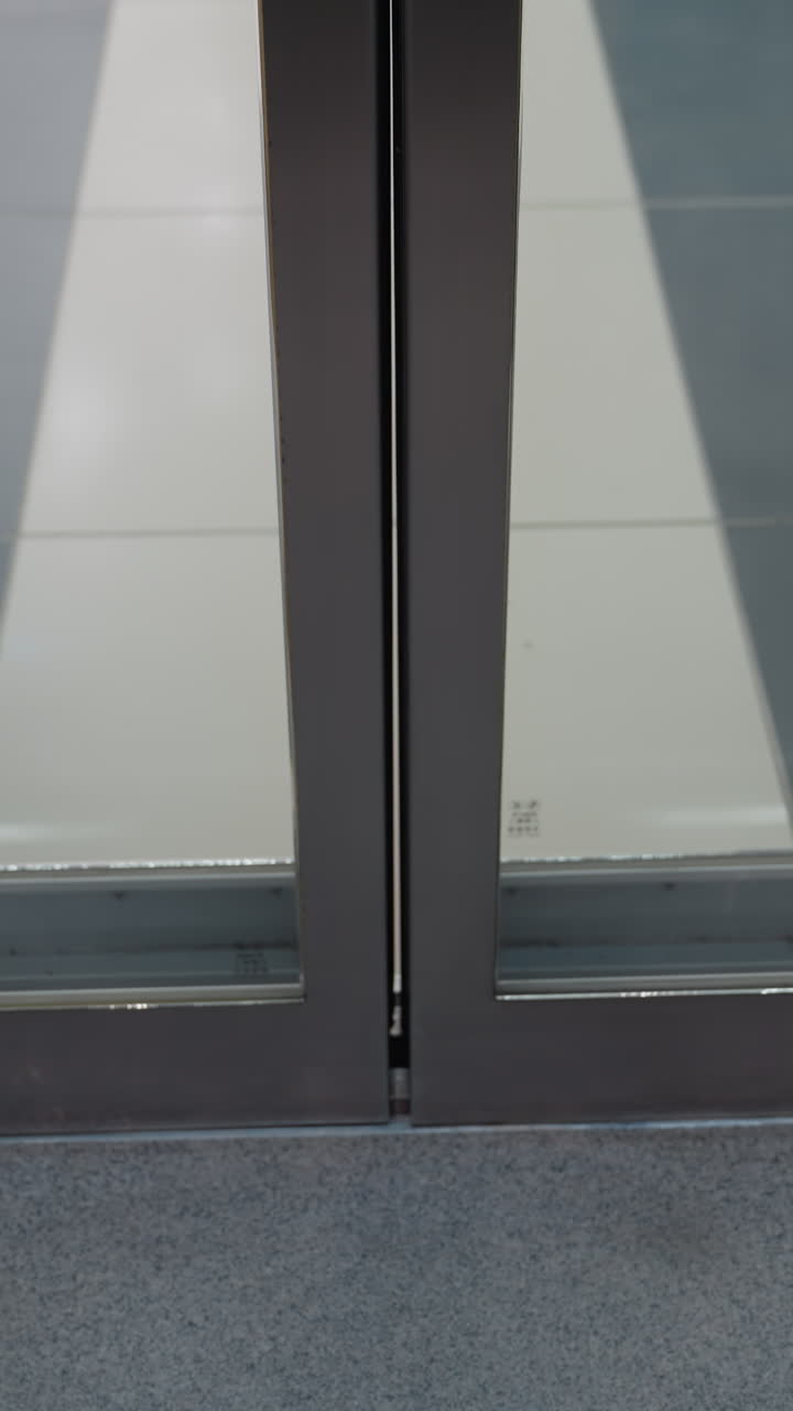 perspectiva en primera persona capturando el momento en que se abren las puertas del ascensor, revelando un elegante y moderno interior del edificio