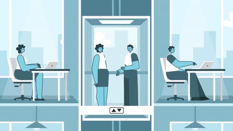 two people communicating in elevator of work office. flat design cartoon characters loop 2d animation