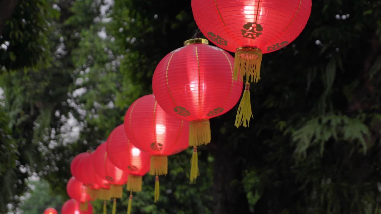 Red Chinese lanterns glowing at dusk during festival, hanging outdoors with trees in background